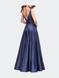 A-Line Ball Gown with V Open Back and Pockets