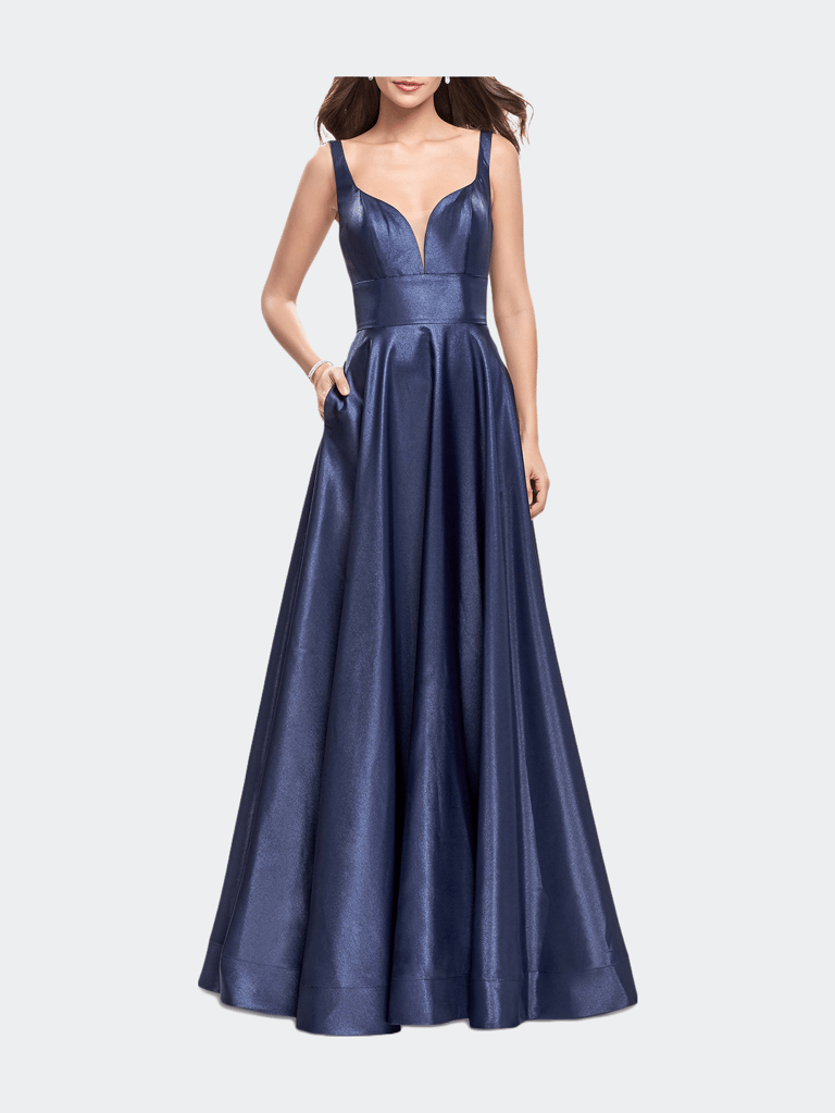 A-Line Ball Gown with V Open Back and Pockets - Navy