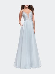 A-Line Chiffon Prom Gown With Pearl Beaded Bodice - Silver