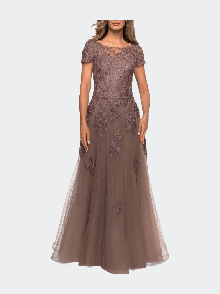 A-line Formal Gown with Floral Lace Appliques - Cocoa