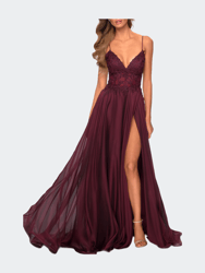 A-line Gown with Sheer Floral Embellished Bodice - Garnet