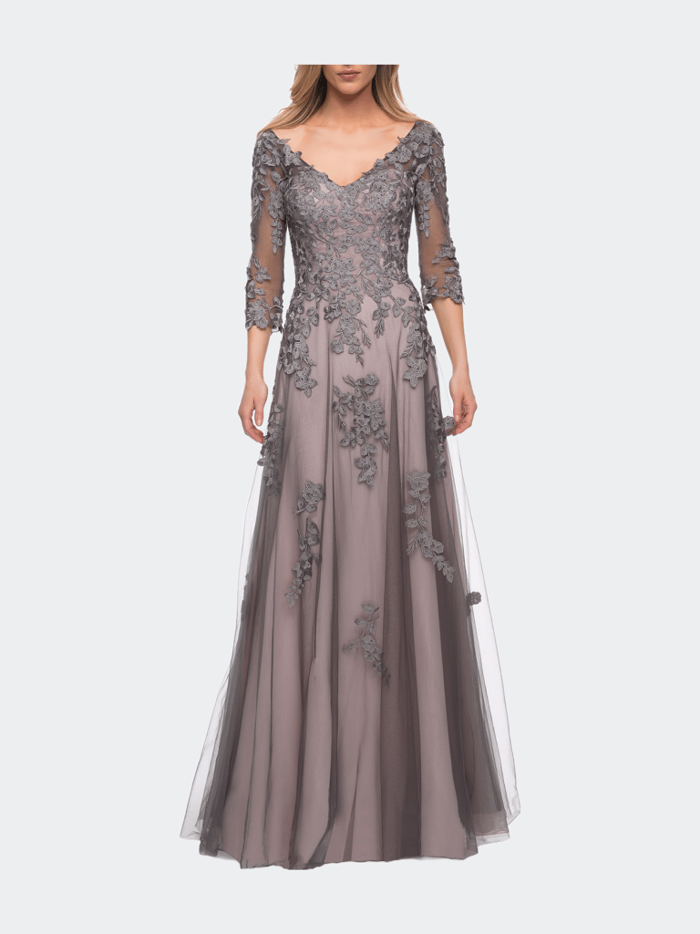 A Line Gown with Sheer Three-Quarter Sleeves - Pink/Gray