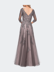 A Line Gown with Sheer Three-Quarter Sleeves