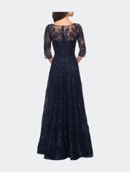 A-line Lace Sequin Gown with Sheer Scoop Neckline