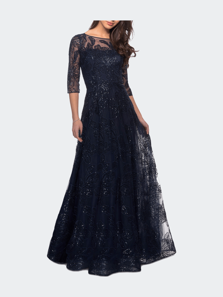 A-line Lace Sequin Gown with Sheer Scoop Neckline
