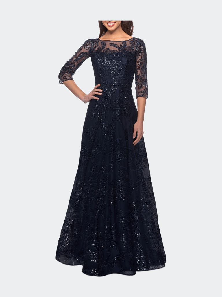 A-line Lace Sequin Gown with Sheer Scoop Neckline - Navy