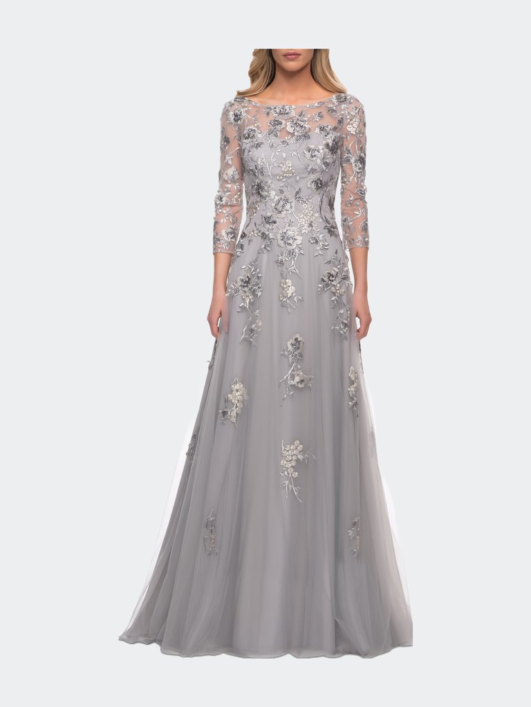 A Line Tulle and Lace Gown with Boat Neckline - Silver