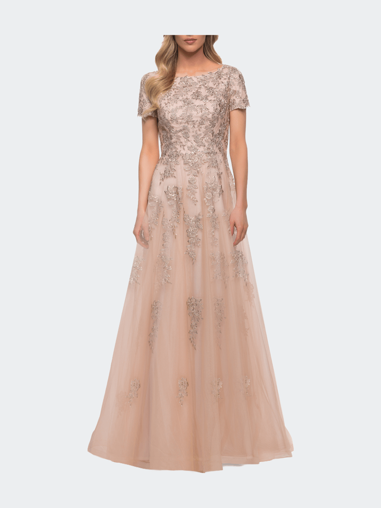 A Line Tulle and Lace Gown with Short Sleeves - Nude