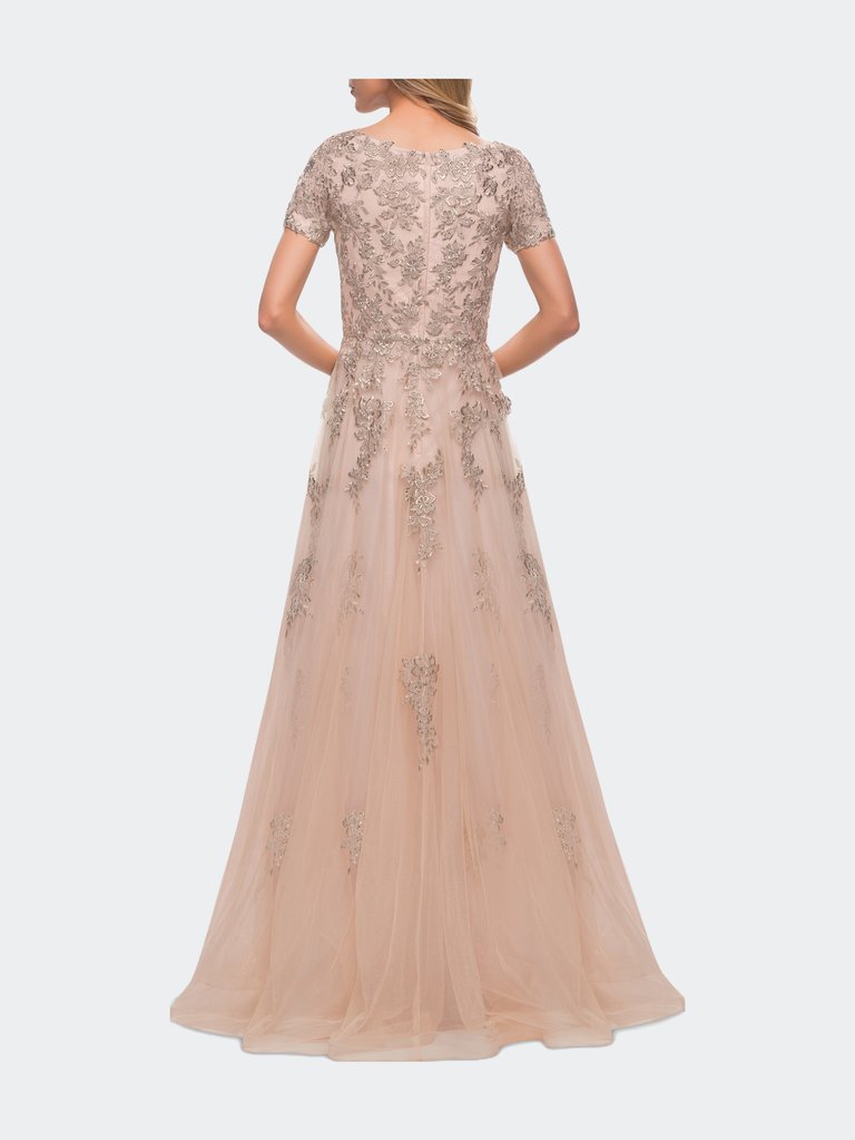 A Line Tulle and Lace Gown with Short Sleeves
