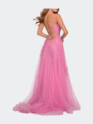 A-line Tulle Gown with Floral Embroidery and Pockets