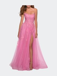 A-line Tulle Gown with Floral Embroidery and Pockets - Millennial Pink