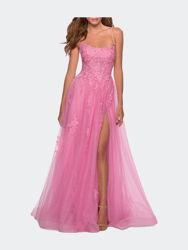 A-line Tulle Gown with Floral Embroidery and Pockets - Millennial Pink