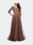 A-line Tulle Gown with Floral Lace Detail and V-Neck - Cocoa