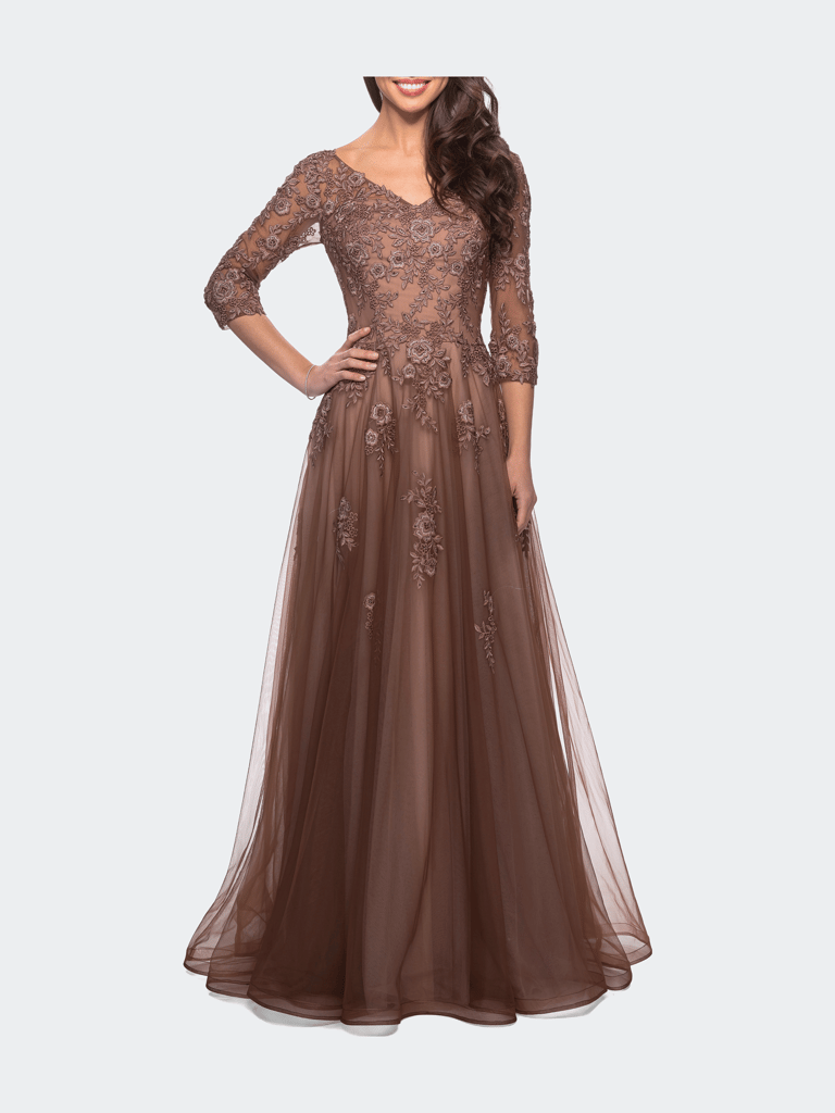 A-line Tulle Gown with Floral Lace Detail and V-Neck - Cocoa