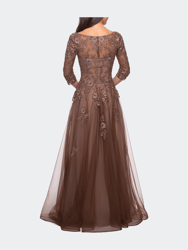 A-line Tulle Gown with Floral Lace Detail and V-Neck