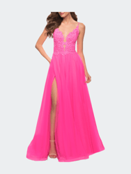 A Line Tulle Gown with Lace Bodice and V Back - Neon Pink