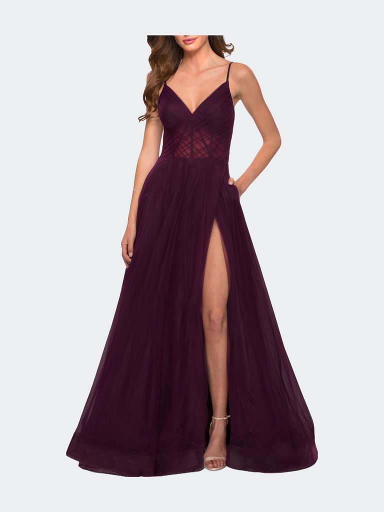 A Line Tulle Prom Dress with Sheer Bodice - Dark Berry