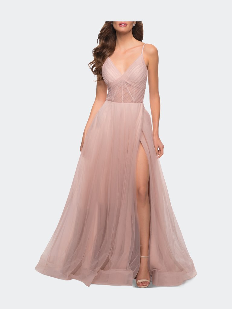 A Line Tulle Prom Dress with Sheer Bodice - Dusty Mauve