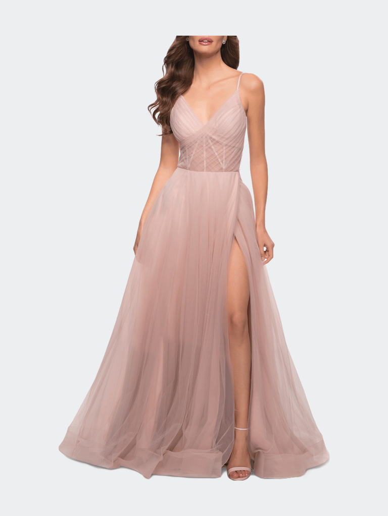 A Line Tulle Prom Dress with Sheer Bodice - Dusty Mauve