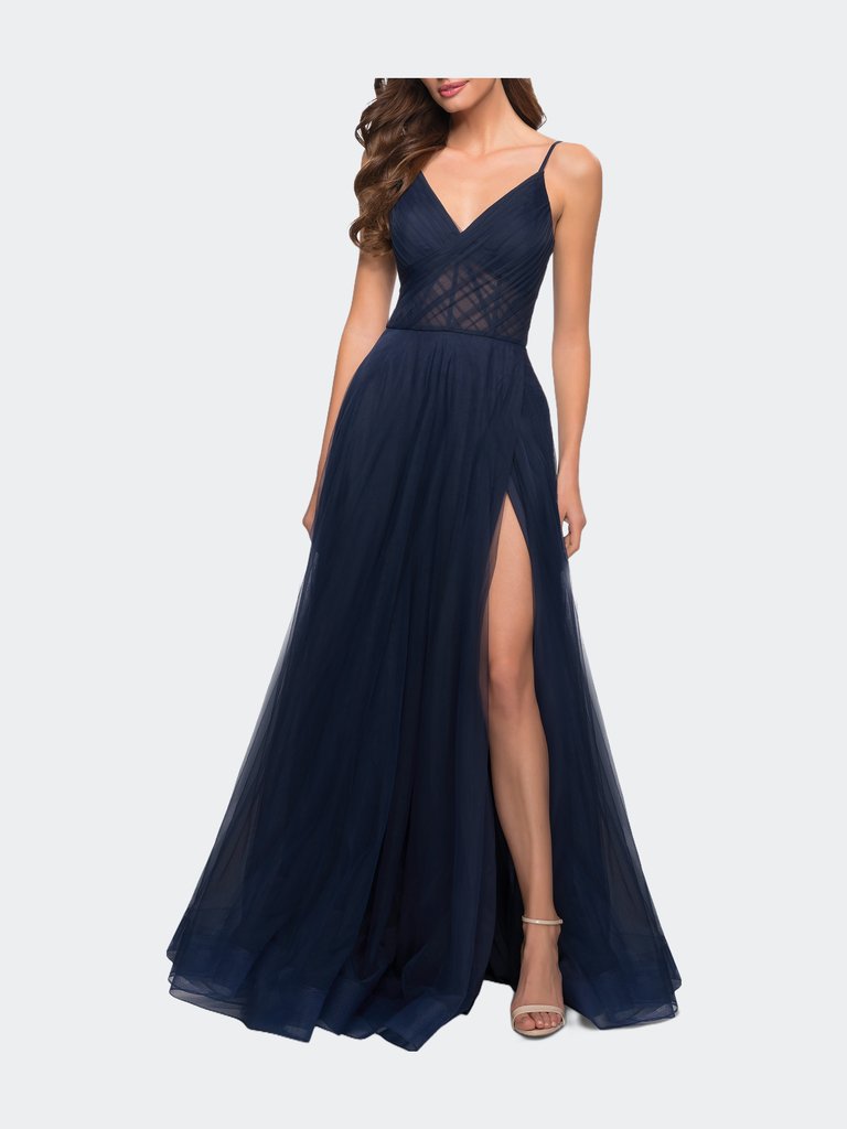 A Line Tulle Prom Dress with Sheer Bodice - Navy