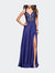 Beaded And Embroidered Lace Prom Dress With Slit - Dark Blue