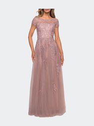 Beaded Lace Rhinestone A-line Evening Gown - Mauve
