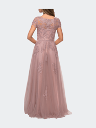 Beaded Lace Rhinestone A-line Evening Gown