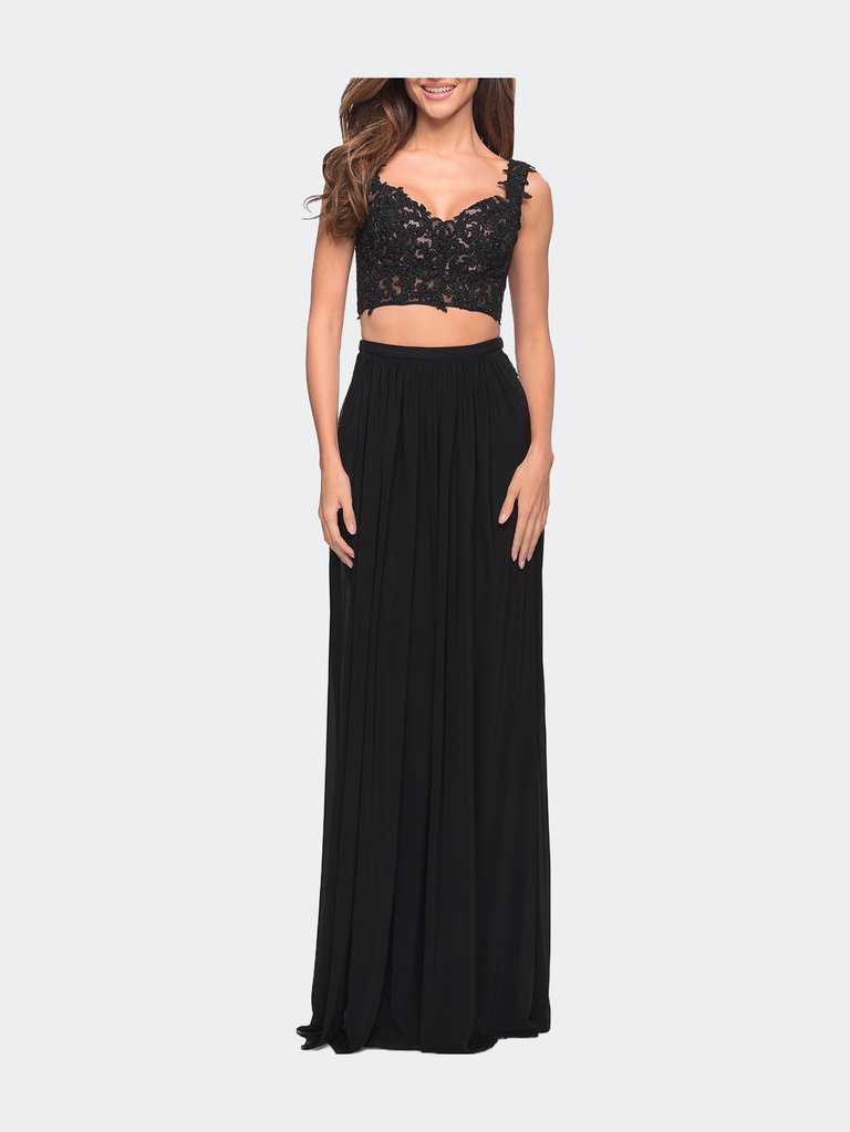 Beaded Lace To Two Piece Prom Dress With Pockets - Black