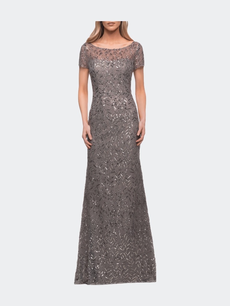 Beaded Long Dress with Illusion Top and Sleeves - Silver