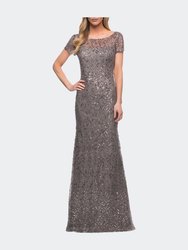 Beaded Long Dress with Illusion Top and Sleeves