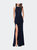 Beaded Velvet Patterned Long Prom Dress With Slit - Navy