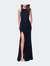 Beaded Velvet Patterned Long Prom Dress With Slit - Navy