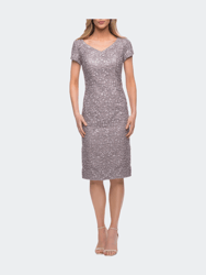 Below the Knee Dress with Beautiful Lace and Short Sleeves - Dark Mauve