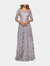 Cap Sleeve Long Evening Gown with Lace Detailing - Lavender/Gray