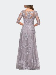 Cap Sleeve Long Evening Gown with Lace Detailing