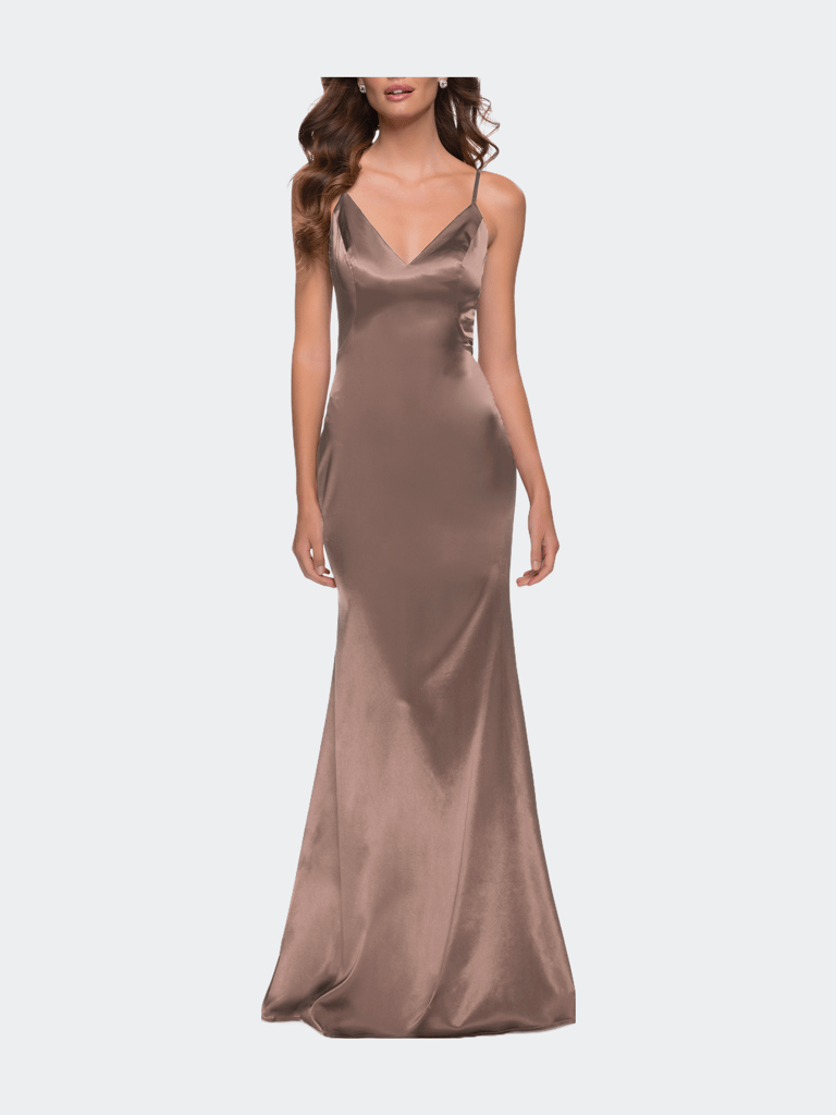 Chic Long Stretch Satin Gown with V Neck and Back - Nude