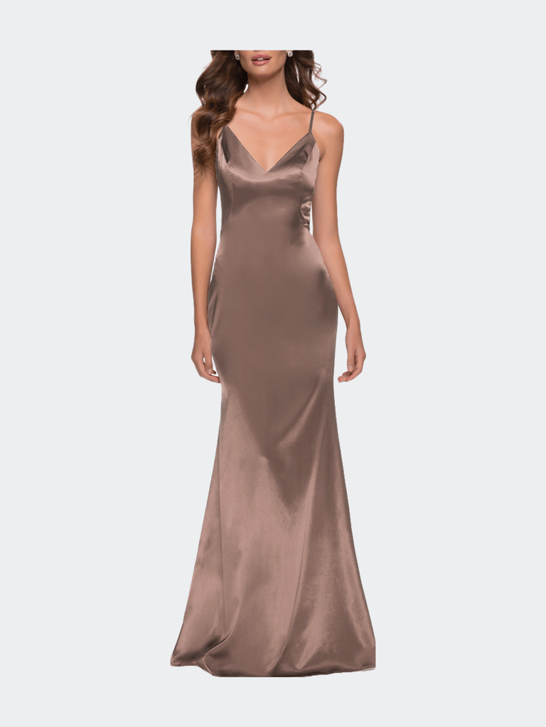 Chic Long Stretch Satin Gown with V Neck and Back - Nude