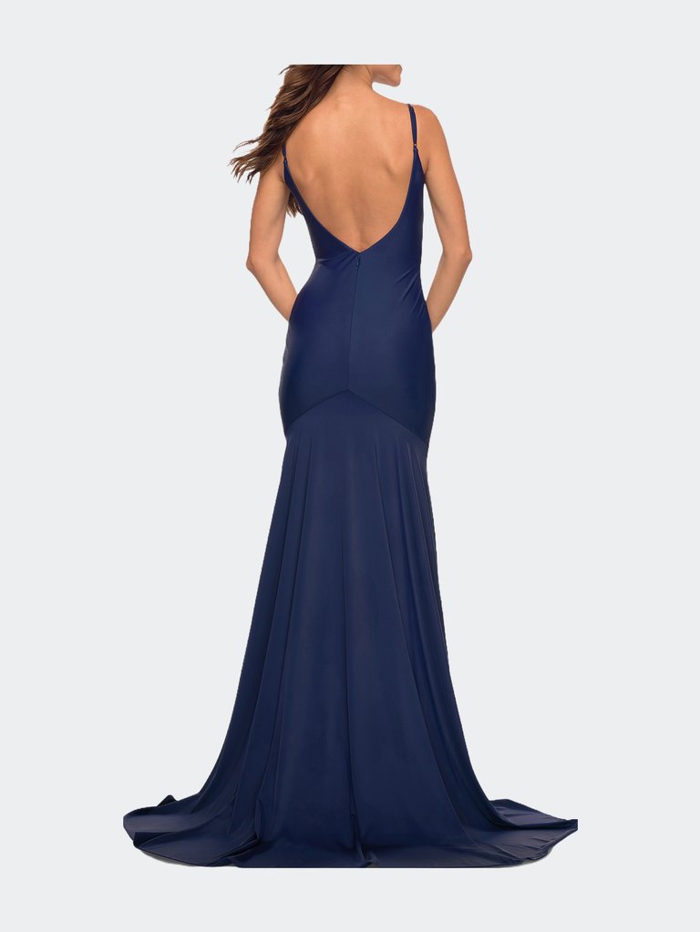 Chic Luxe Jersey Gown With Train And V Back