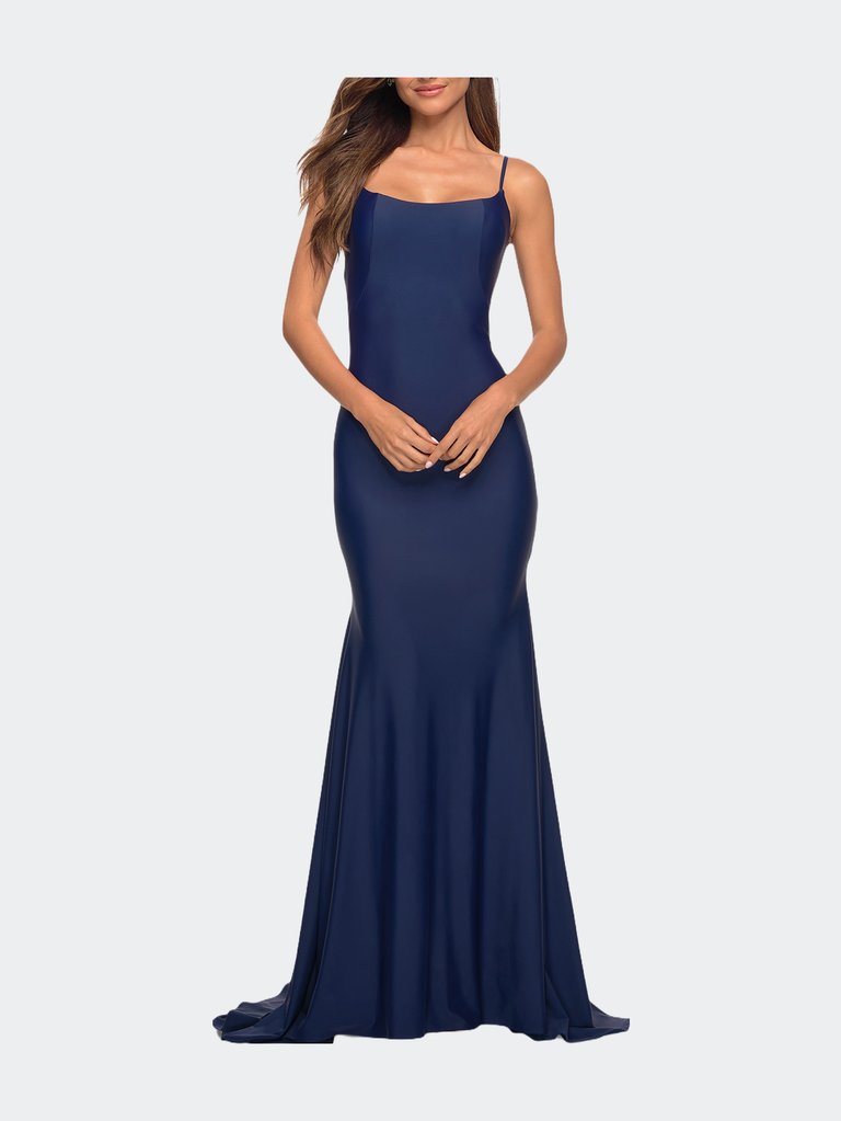 Chic Luxe Jersey Gown With Train And V Back - Navy