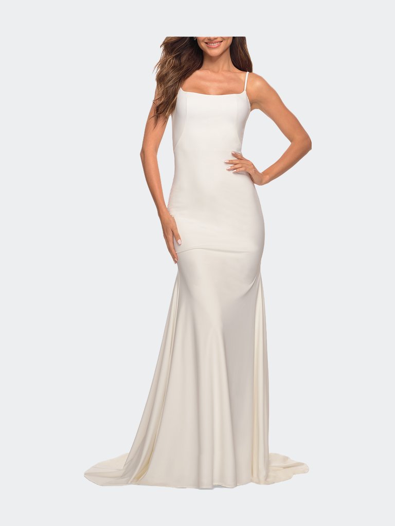 Chic Luxe Jersey Gown With Train And V Back - White