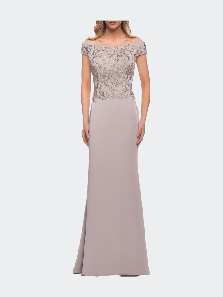 Chic Satin Gown with Lace Off the Shoulder Top - Light Taupe