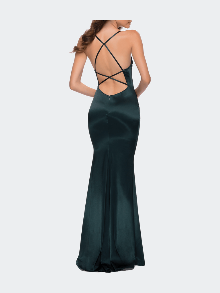 Chic Stretch Satin Gown with Scoop Neck and Open Back