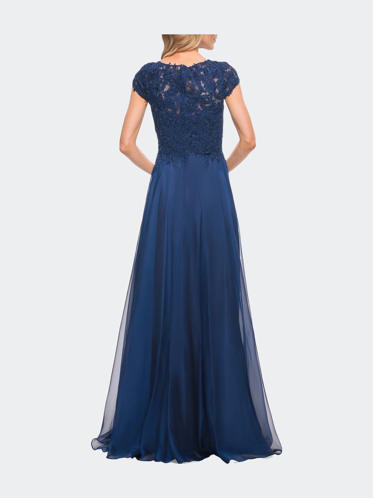 Chiffon Dress with Lace Bodice and Cap Sleeves