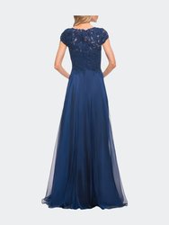 Chiffon Dress with Lace Bodice and Cap Sleeves