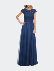 Chiffon Dress with Lace Bodice and Cap Sleeves - Marine Blue