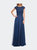 Chiffon Dress with Lace Bodice and Cap Sleeves - Marine Blue