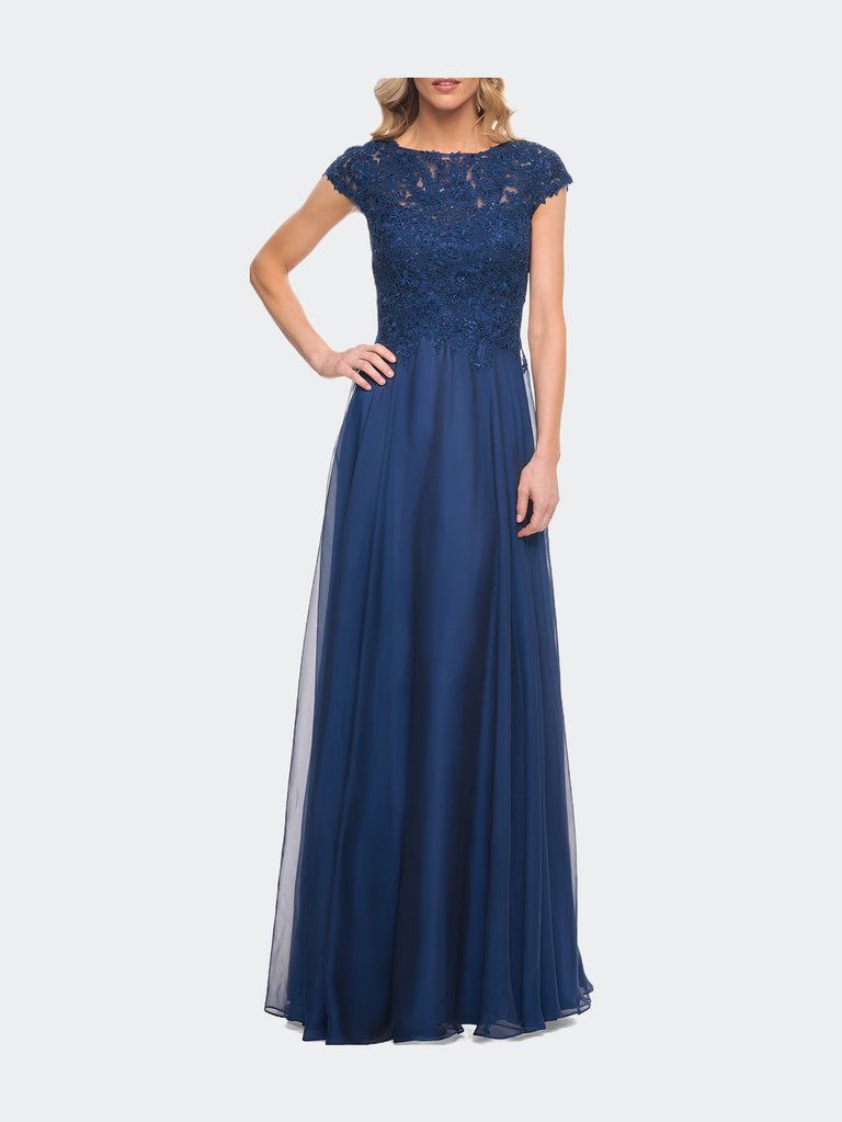 Chiffon Dress with Lace Bodice and Cap Sleeves - Marine Blue