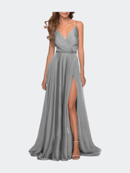 Chiffon Dress with Pleated Bodice and Pockets - Platinum