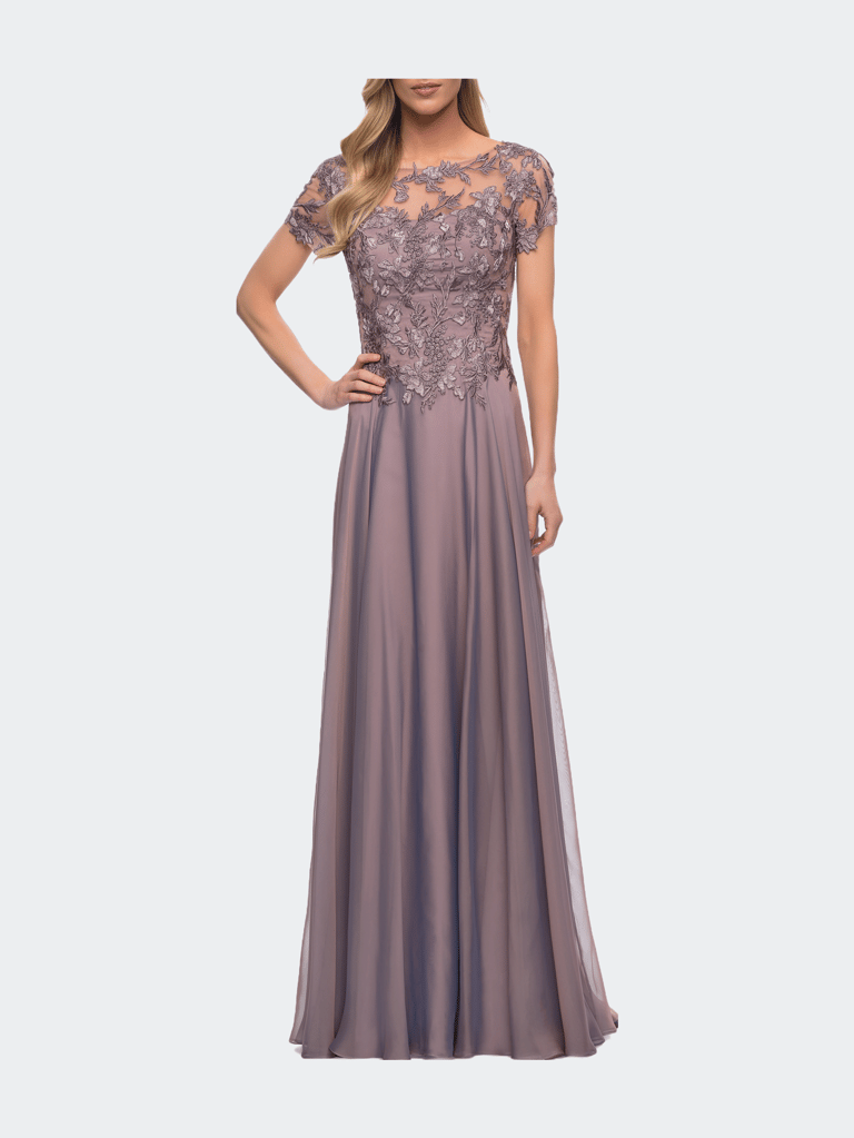 Chiffon Evening Gown with Lace Bodice - Dark Mauve