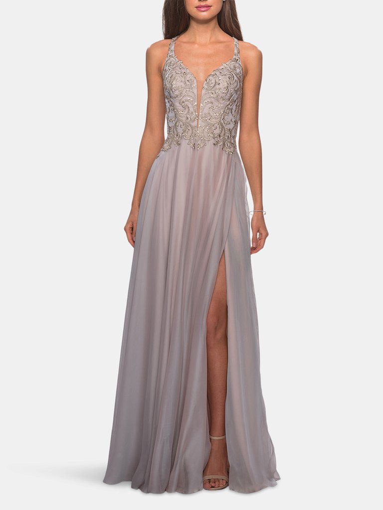 Chiffon Long Dress With V Neck And Lace